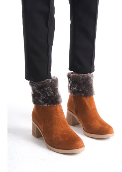 Katya Fermuarlı Ortopedik Taban Topuklu Kürk Detaylı Süet Kadın Bot Stt - Taba