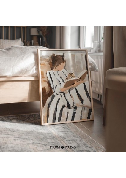 Kedili Kitap Kurdu Kız Sanatı: Toprak Tonlarında Edebi Dekor (