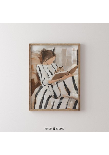 Kedili Kitap Kurdu Kız Sanatı: Toprak Tonlarında Edebi Dekor ( fiyatları