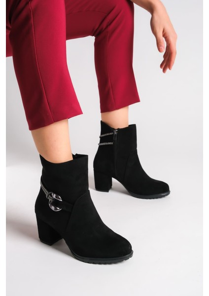 Edna Fermuarlı Ortopedik Taban Taşlı Topuklu Süet Kadın Bot Sst - Siyah