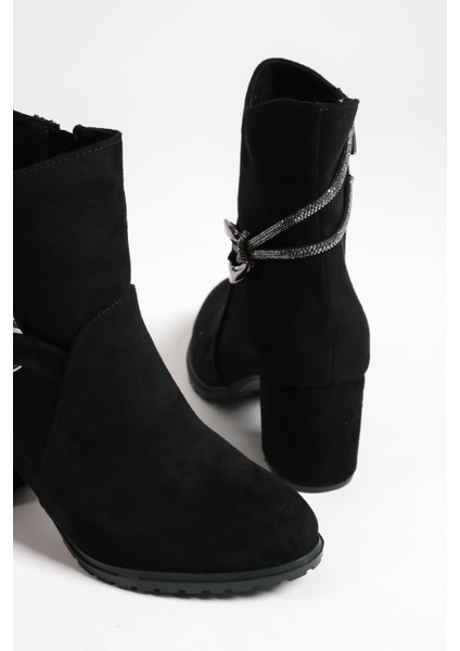 Edna Fermuarlı Ortopedik Taban Taşlı Topuklu Süet Kadın Bot Sst - Siyah indirimleri