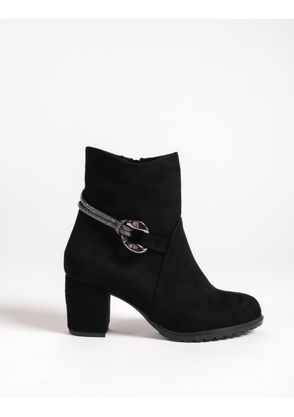 Edna Fermuarlı Ortopedik Taban Taşlı Topuklu Süet Kadın Bot Sst - Siyah