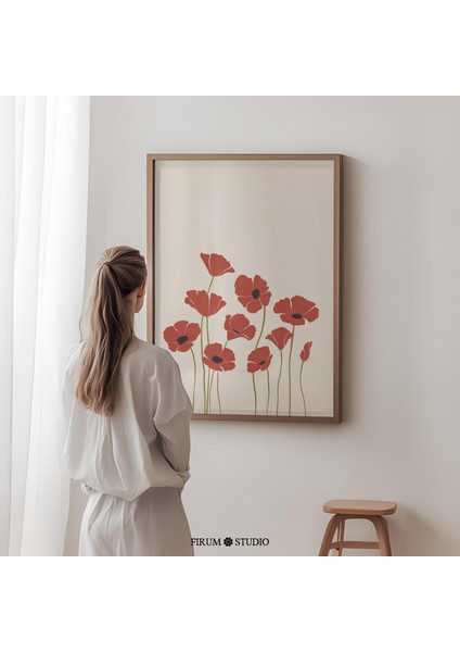 Kırmızı Gelincik Duvar Sanatı, Kır Çiçekleri Illüstrasyonu, Toprak Tonları