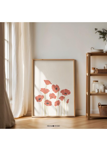 Kırmızı Gelincik Duvar Sanatı, Kır Çiçekleri Illüstrasyonu, Toprak Tonları fiyatları