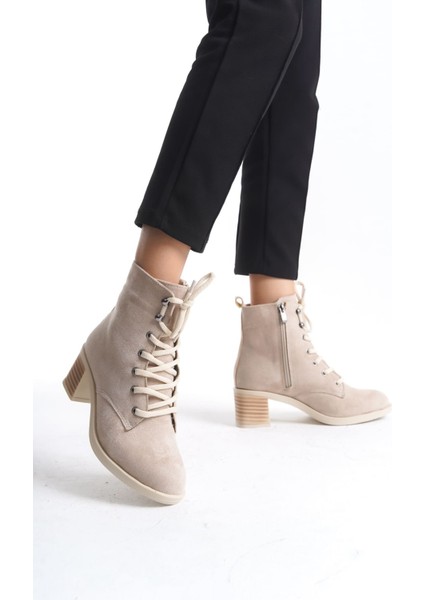 Lena Bağcıklı Fermuarlı Ortopedik Taban Topuklu Süet Kadın Bot Stt - Ten