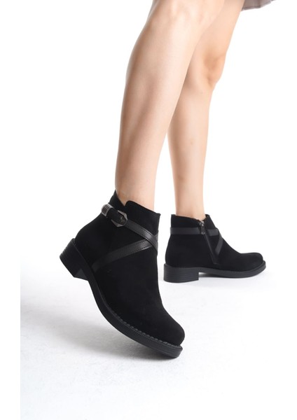 Almıla Fermuarlı Lastikli Ortopedik Taban Topuklu Süet Kadın Bot Sst - Siyah