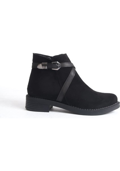 Almıla Fermuarlı Lastikli Ortopedik Taban Topuklu Süet Kadın Bot Sst - Siyah