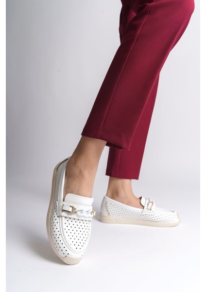 Lızy Bağcıksız Ortopedik Rahat Taban Kalp Desenli Kadın Babet Ayakkabı Ckt - Beyaz