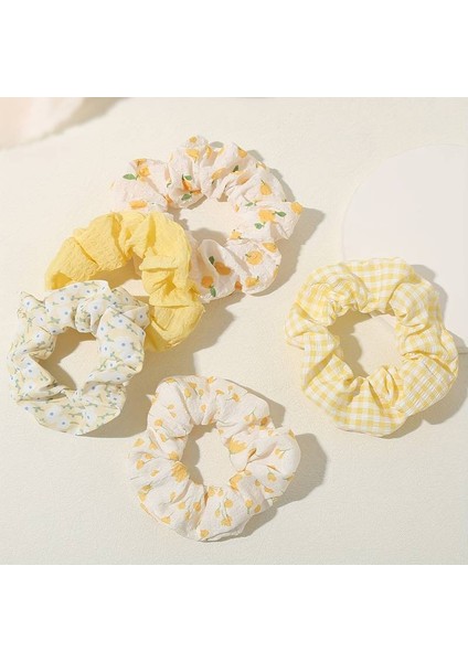 Çiçek Desenli Saç Tokası Seti, Beyaz ve Sarı, Pamuklu Kumaş, 10CM x 8cm, Ekose ve Çiçek Desenli, 5'li Paket