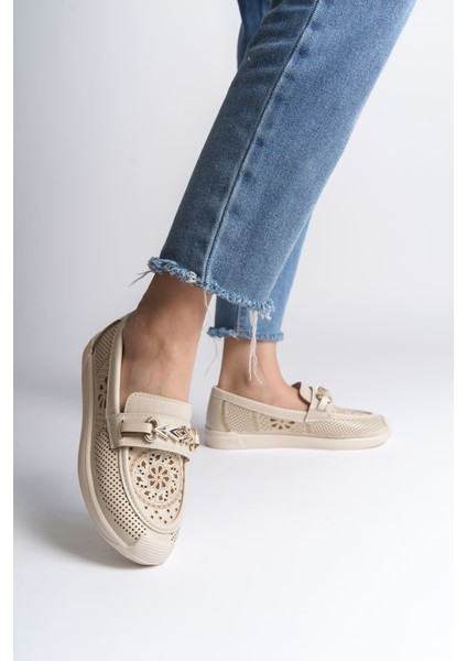 Lıly Bağcıksız Ortopedik Rahat Taban Çiçek Desenli Kadın Babet Ayakkabı Ckt - Krem fiyatları