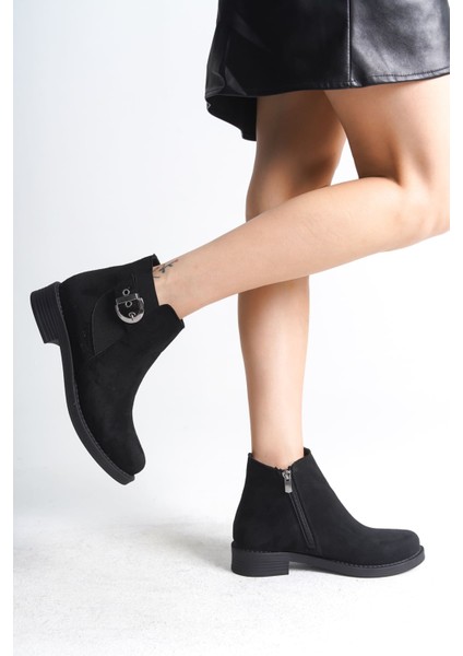 Luna Fermuarlı Lastikli Ortopedik Taban Topuklu Süet Kadın Bot Sst - Siyah modelleri