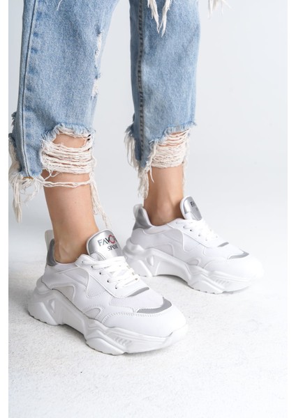Tokyo Bağcıklı Ortopedik Taban Triko Detaylı Kadın Spor Ayakkabı Tbt - Beyaz/gri