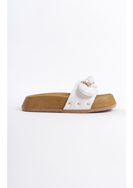 Dıla Kalın ve Ortopedik Taban Ayıcıklı Saten Kadın Terlik Skt - Beyaz