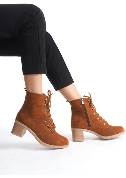 Lena Bağcıklı Fermuarlı Ortopedik Taban Topuklu Süet Kadın Bot Stt - Taba fiyatları