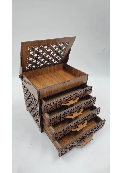 Ahşap Dekoratif Dört Çekmeceli Kutu 19 cm x 15 cm x 16 cm