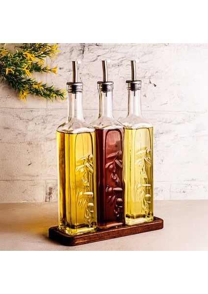 Safir - Ahşap Standlı 3'lü Cam Damlatmaz Yağlık Sirkelik Zeytinyağı Sıvıyağ Şişesi Yağdanlık 500ML fiyatları