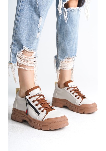 Agatha Bağcıklı Fermuarlı Ortopedik Taban Kadın Sneaker Spor Ayakkabı Ctt - Krem