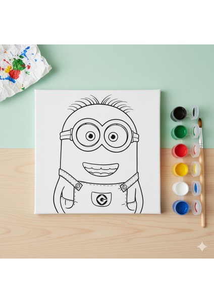 Sevimli Kevin Minion Boyama Seti: 6 Renk Akrilik Boya ve Fırçalı Kare Kanvas Tuval