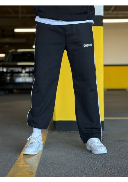 Erkek Siyah Şeritli Baskılı Ayarlanabilir Paça Oversize Baggy Eşofman