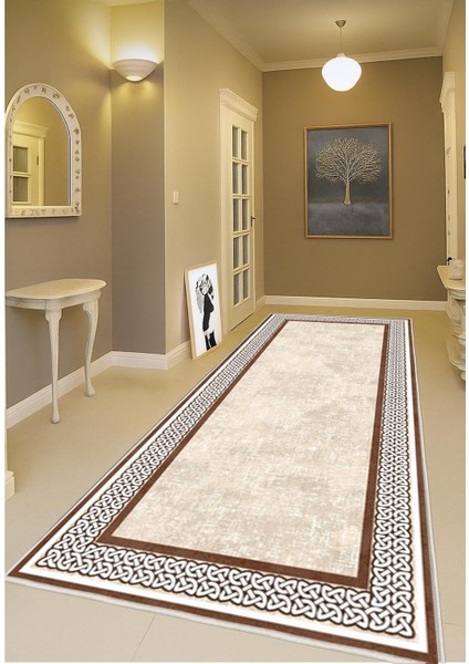 Krem Kahverengi Dijital Baskı Salon Halısı Kaymaz Tabanlı Yıkanabilir Halı Yolluk modelleri