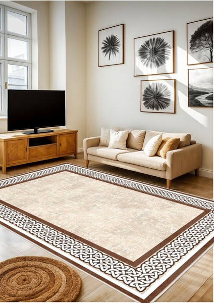 Krem Kahverengi Dijital Baskı Salon Halısı Kaymaz Tabanlı Yıkanabilir Halı Yolluk