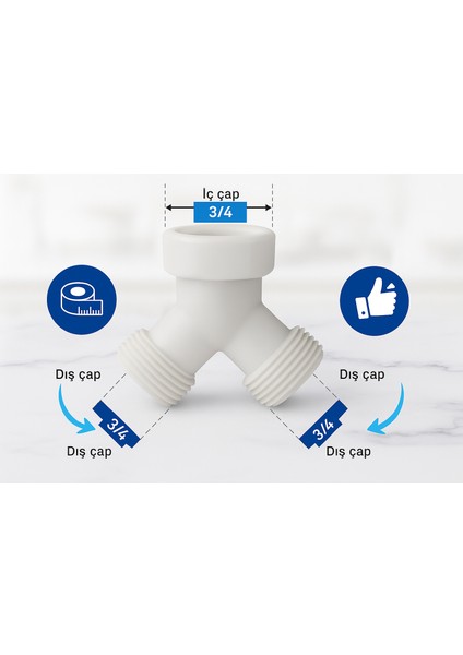 Plastik Y Çatal Bağlantı Aparatı + Conta | Çamaşır Makinesi Musluğu Için 3/4 Inç Su Dağıtıcı