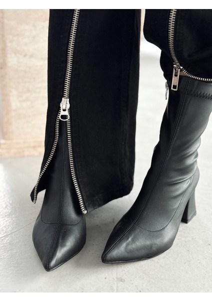 Nysea Kadın Topuklu Streç Bot Siyah Mat Deri indirimleri