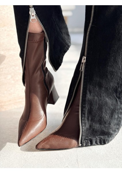 Nysea Kadın Topuklu Streç Bot Kahverengi Mat Deri