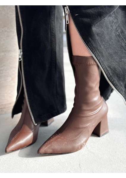 Nysea Kadın Topuklu Streç Bot Kahverengi Mat Deri fiyatları