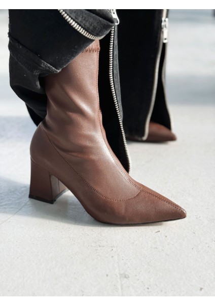 Nysea Kadın Topuklu Streç Bot Kahverengi Mat Deri indirimleri