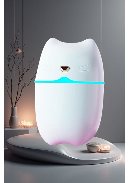 Kedi Tasarımlı LED Hava - Oda- Araç Nemlendirici Buhar Makinesi Sessiz Aroma Difüzör Çok Fonksiyonlu