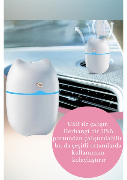 Kedi Tasarımlı LED Hava - Oda- Araç Nemlendirici Buhar Makinesi Sessiz Aroma Difüzör Çok Fonksiyonlu