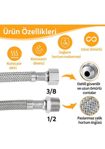 1/2 Nipelli 3/8 Paslanmaz Çelik Örgü Flex Hortum 70 cm – Dayanıklı ve Sızdırmaz fiyatları