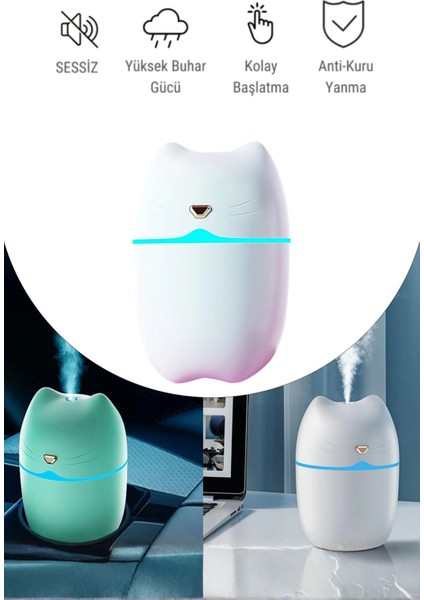 Kedi Tasarımlı LED Hava - Oda- Araç Nemlendirici Buhar Makinesi Sessiz Aroma Difüzör Çok Fonksiyonlu