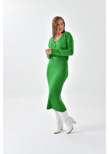 Kadın Ceket Askılı Elbise Triko Takım Yeşil - 8009