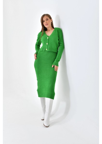 Kadın Ceket Askılı Elbise Triko Takım Yeşil - 8009 fiyatları