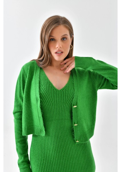 Kadın Ceket Askılı Elbise Triko Takım Yeşil - 8009 modelleri