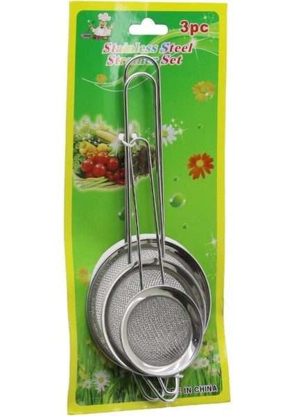 3pcs Set Mini= 5-7-8cm Tel Süzgeç Metal Çerçece Metal Sap=8.5-10.5-10.5cm (4887)