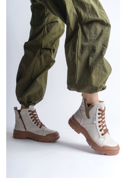 Amber Bağcıklı Fermuarlı Ortopedik Taban Kadın Bot Ctt - Krem fiyatları