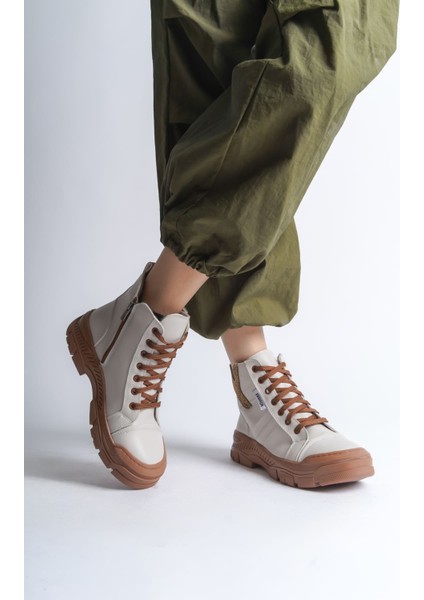 Amber Bağcıklı Fermuarlı Ortopedik Taban Kadın Bot Ctt - Krem modelleri