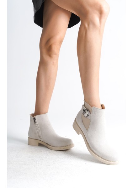 Luna Fermuarlı Lastikli Ortopedik Taban Topuklu Süet Kadın Bot Skt - Krem fiyatları