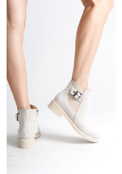 Luna Fermuarlı Lastikli Ortopedik Taban Topuklu Süet Kadın Bot Skt - Krem modelleri