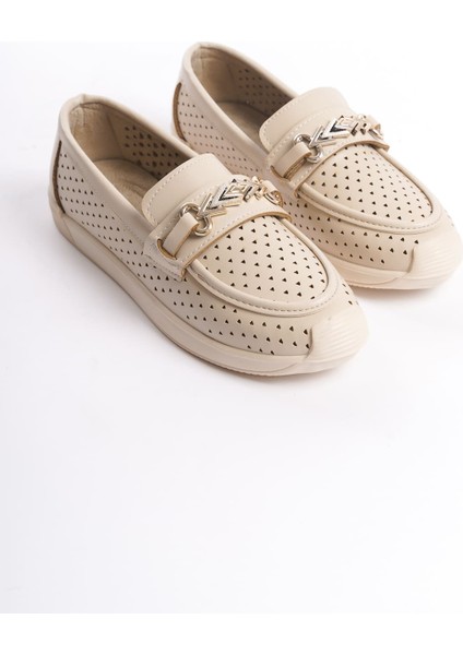 Lıly Bağcıksız Ortopedik Rahat Taban Kalp Desenli Kadın Babet Ayakkabı Ckt - Krem fırsatları