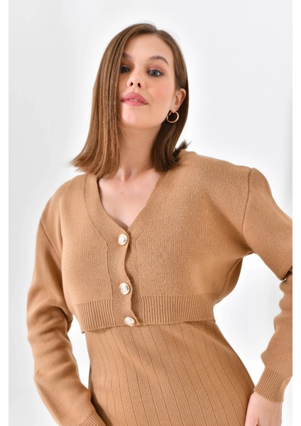 Kadın Ceket Askılı Elbise Triko Takım Camel - 8009