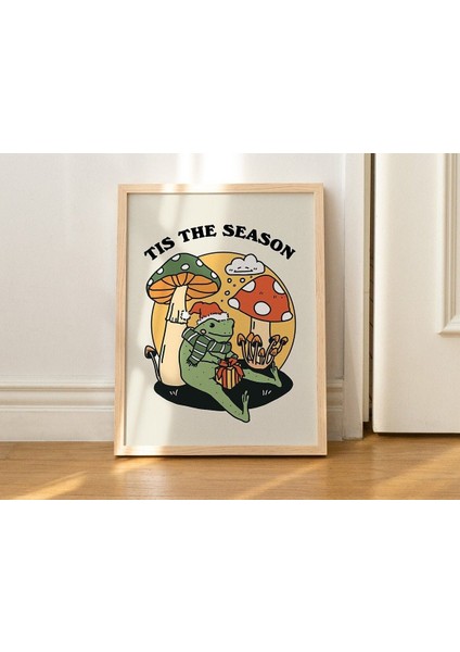 Şenlikli Kurbağa Mantar Baskısı, Retro Tatil Dekoru, Mevsim Bu, 70'ler Noel Duvar Dekoru