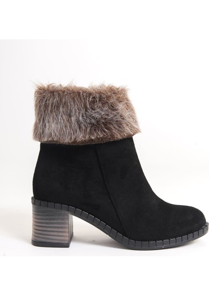 Julıa Fermuarlı Ortopedik Taban Tüylü Topuklu Süet Kadın Bot Sst - Siyah
