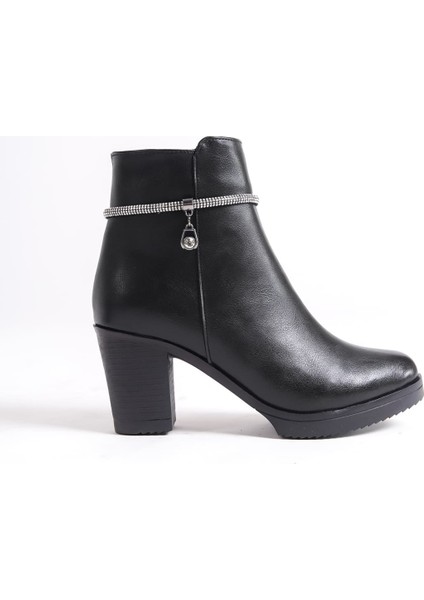 Arıa Fermuarlı Ortopedik Taban Taşlı Topuklu Kadın Bot Cst - Siyah