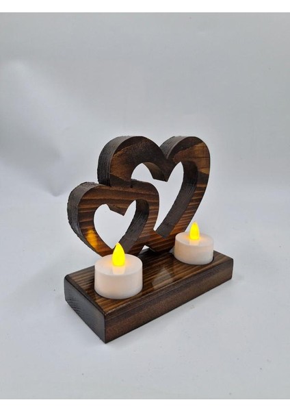 Ahşap Dekoratif Kalpli Mumluk Tealight Mum Uyumlu 2 Adet Pilli Mum Dahil