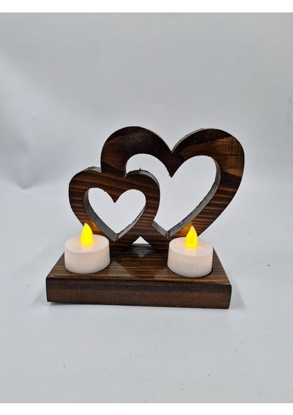 Ahşap Dekoratif Kalpli Mumluk Tealight Mum Uyumlu 2 Adet Pilli Mum Dahil indirimleri