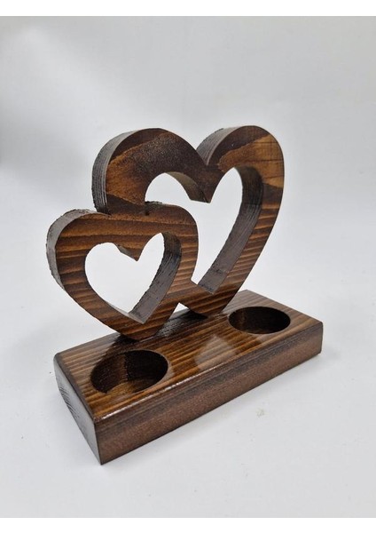 Ahşap Dekoratif Kalpli Mumluk Tealight Mum Uyumlu 2 Adet Pilli Mum Dahil